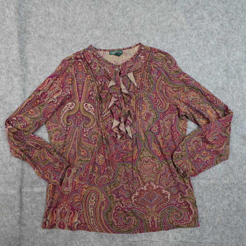Ralph Lauren Top Womens 1X Paisley Ruffle Collar Long Sleeve Popover Western